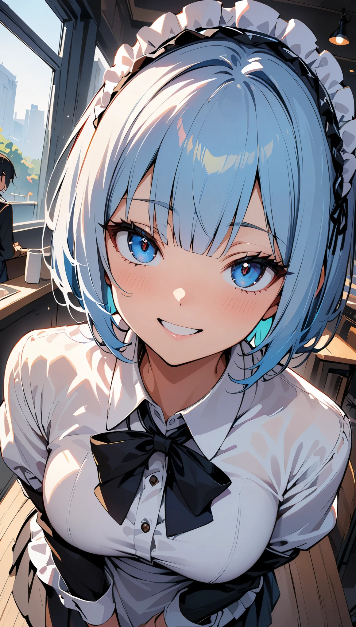 (high quality, 8k, 4K, High Contrast, masterpiece:1.2, 最high quality, Best aesthetics), Beauty, Maid, Very detailed, Seductive and erotic girl with lace headdress, smile, (Light blue hair, Bobcut), Focus on the face, Focus on the face, Complex eyes, Black knee-high socks, coffee shop, Low angle shot, Viewer looking up,