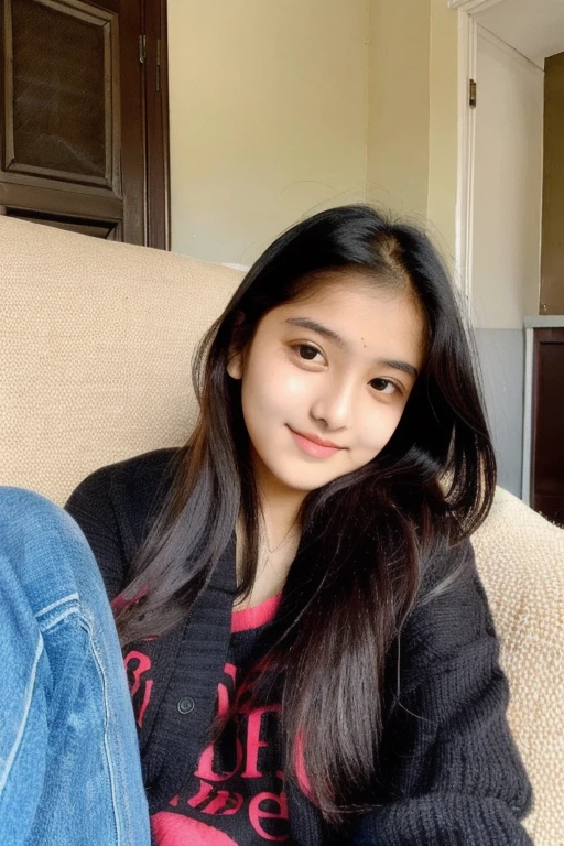 beautiful cute young attractive indian teenage girl, village girl, 18 years old, cute, Instagram model, long black_hair, colorful hair, warm, dacing, in home sit at sofa, indian