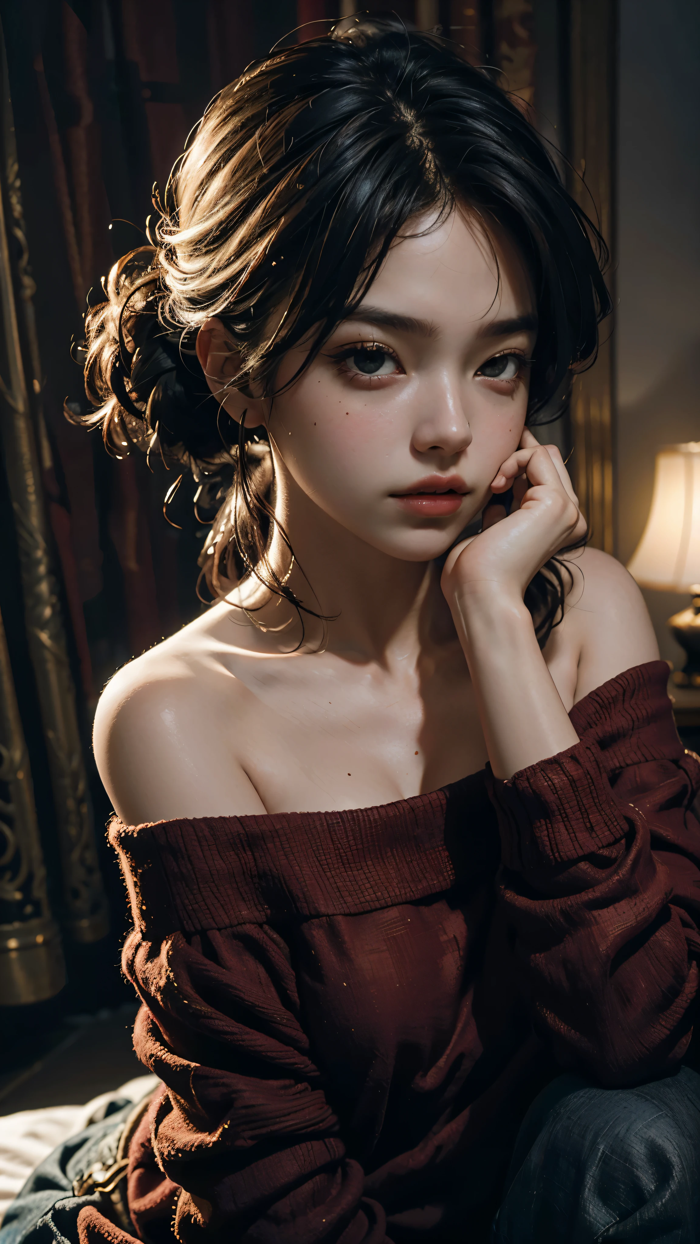 Best quality, masterpiece, ultra high res, (photorealistic:1.4), raw photo, 1girl, off shoulder, cinematic lighting