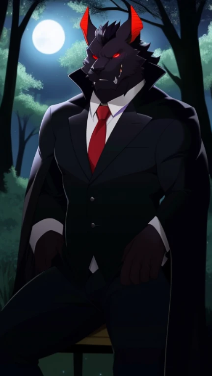 In the heart of the forest, under the cloak of night and the gentle glow of the full moon, sits a mysterious and handsome figure. Clad in a sleek, tall, and imposing suit, accented with a prominent red tie, stands a muscular male with an alluring air of power. As black fur covers his broad shoulders, dark skin shines with an otherworldly sheen, and bat ears subtly peek from beneath his dark locks. His bright red eyes, filled with a dangerous allure, gleam with a supernatural intensity. This enigmatic Demon King, with fangs that gleam menacingly in the silvery moonlight, exudes an aura of mystery and