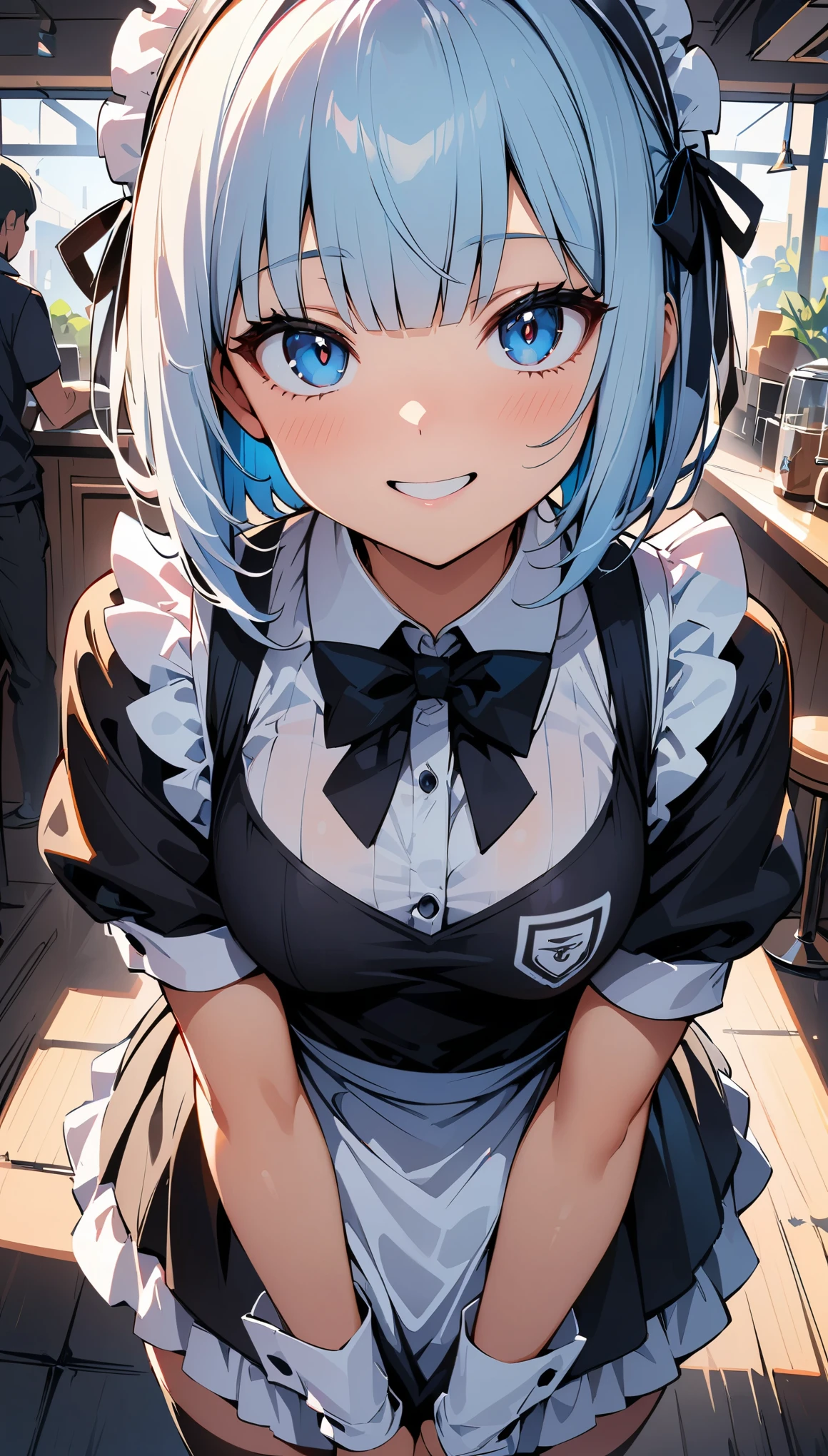 (high quality, 8k, 4K, High Contrast, masterpiece:1.2, 最high quality, Best aesthetics), Beauty, Maid, Very detailed, Seductive and erotic girl with lace headdress, smile, (Light blue hair, Bobcut), Focus on the face, Focus on the face, Complex eyes, Black knee-high socks, coffee shop, Low angle shot, Viewer looking up,