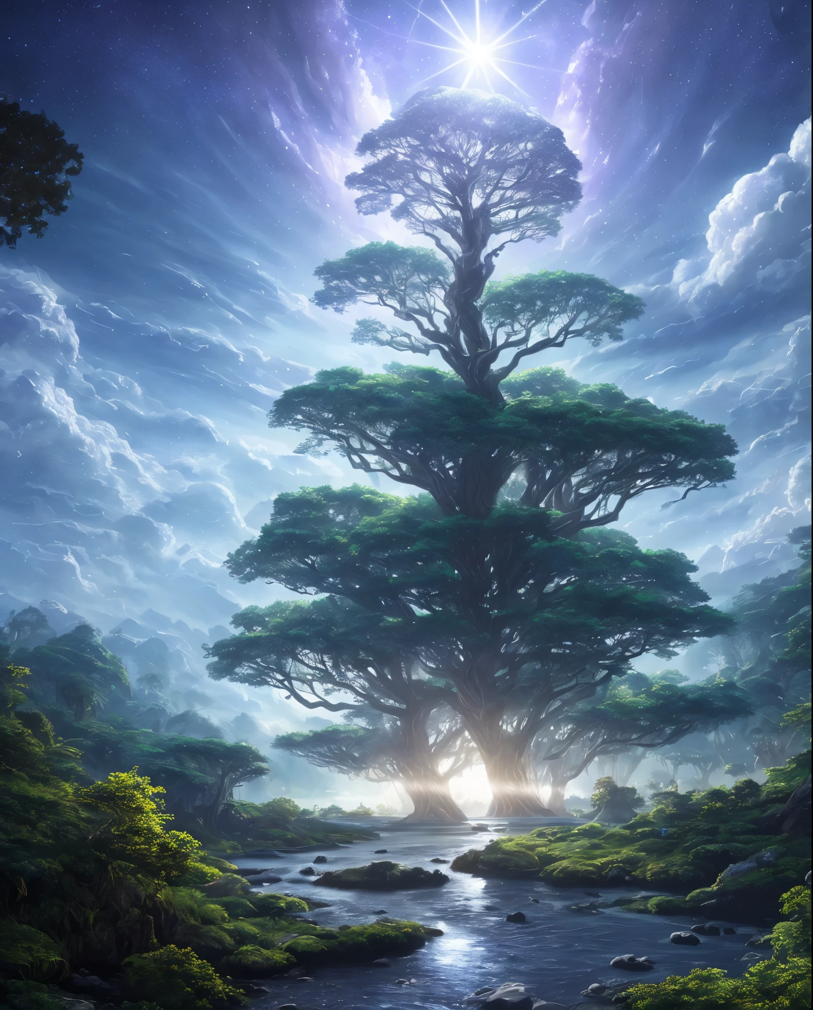 Hyperrealistic illustrations , Otherworldly, Super sky scene featuring the entire body of a giant crystal tree,Very detailed and magical lighting, Intricate forest details, Surrounding vegetation and river, solar punk ,landscape, huge tree, Beautiful foliage with beautiful lighting and realistic proportions, Like a movie background, 8k, highest quality, masterpiece, Sky with clouds and stars.