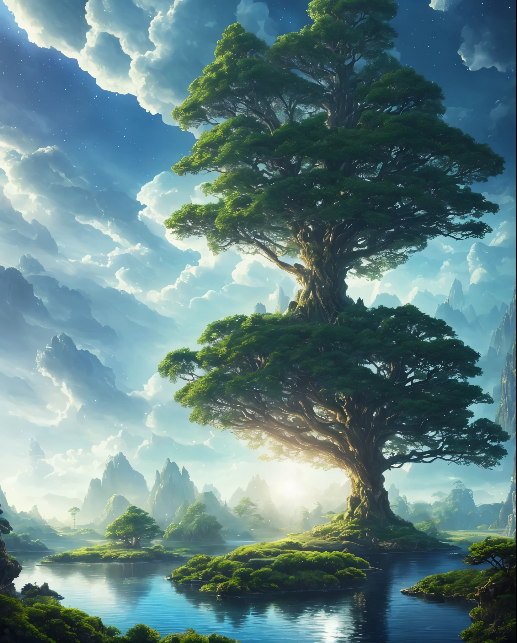 Hyperrealistic illustrations , Otherworldly, Super sky scene featuring the entire body of a giant crystal tree,Very detailed and magical lighting, Intricate forest details, Surrounding vegetation and river, solar punk ,landscape, huge tree, Beautiful foliage with beautiful lighting and realistic proportions, Like a movie background, 8k, highest quality, masterpiece, Sky with clouds and stars.