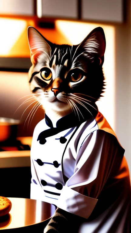 a cat, ((Chef uniform)), Epic scenes, dynamic camera, Backlight, (close up:1.2), high quality photography, 3 point lighting, Flash with softbox, 4K, Canon EOS R3, HDR, Smooth, Sharp focus, high resolution, Award-winning photos, 80 mm, f2.8, Bokeh, detailed, Practical, 8k ultra high definition, high quality
