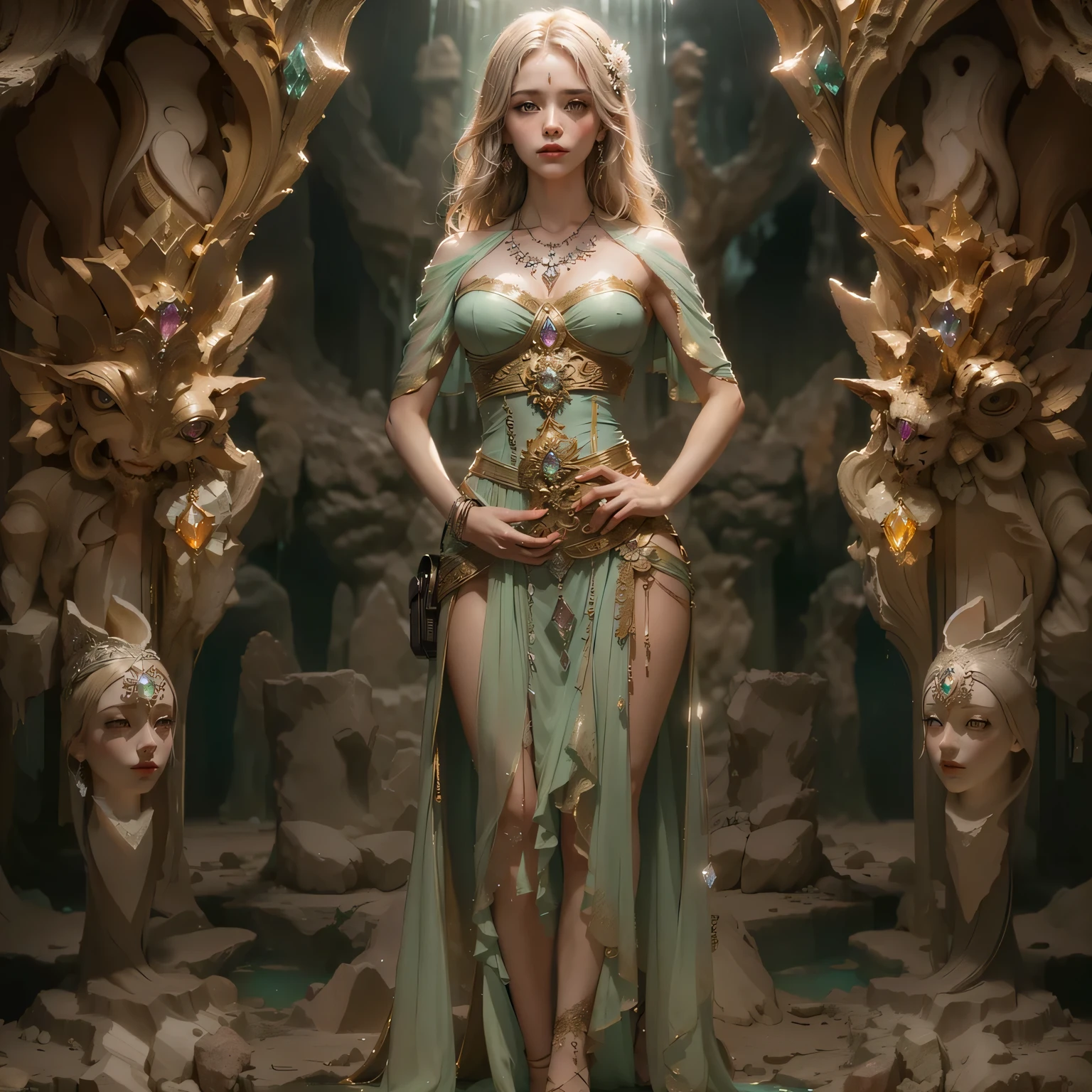 Masterpiece, best quality, detailed, FULL BODY, (the same person, GODDESS , LOT OF JEWELRY, many parts), athletic, busty, GODDES girl, detailed beautiful purple eyes, detailed face, BLONDE and white skin, braided ponytail, full of details,realistic.