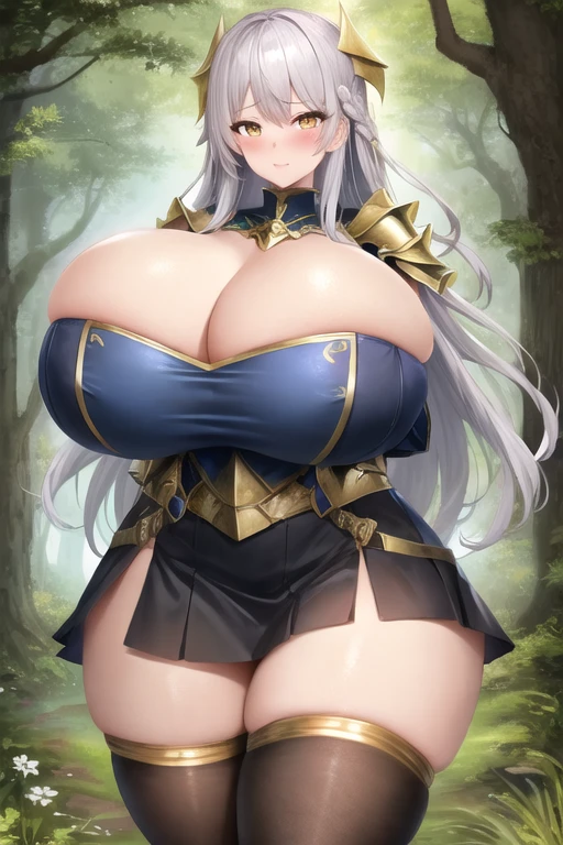 masterpiece, best quality, 1girl, forest, white hair, long hair, golden eyes, cute, blushing, (silver and gold knight armor:1.2), (skirt, thigh highs:1.2), (curvy, slim waist, huge breasts, bursting breasts, wide hips, huge thighs:1.1)