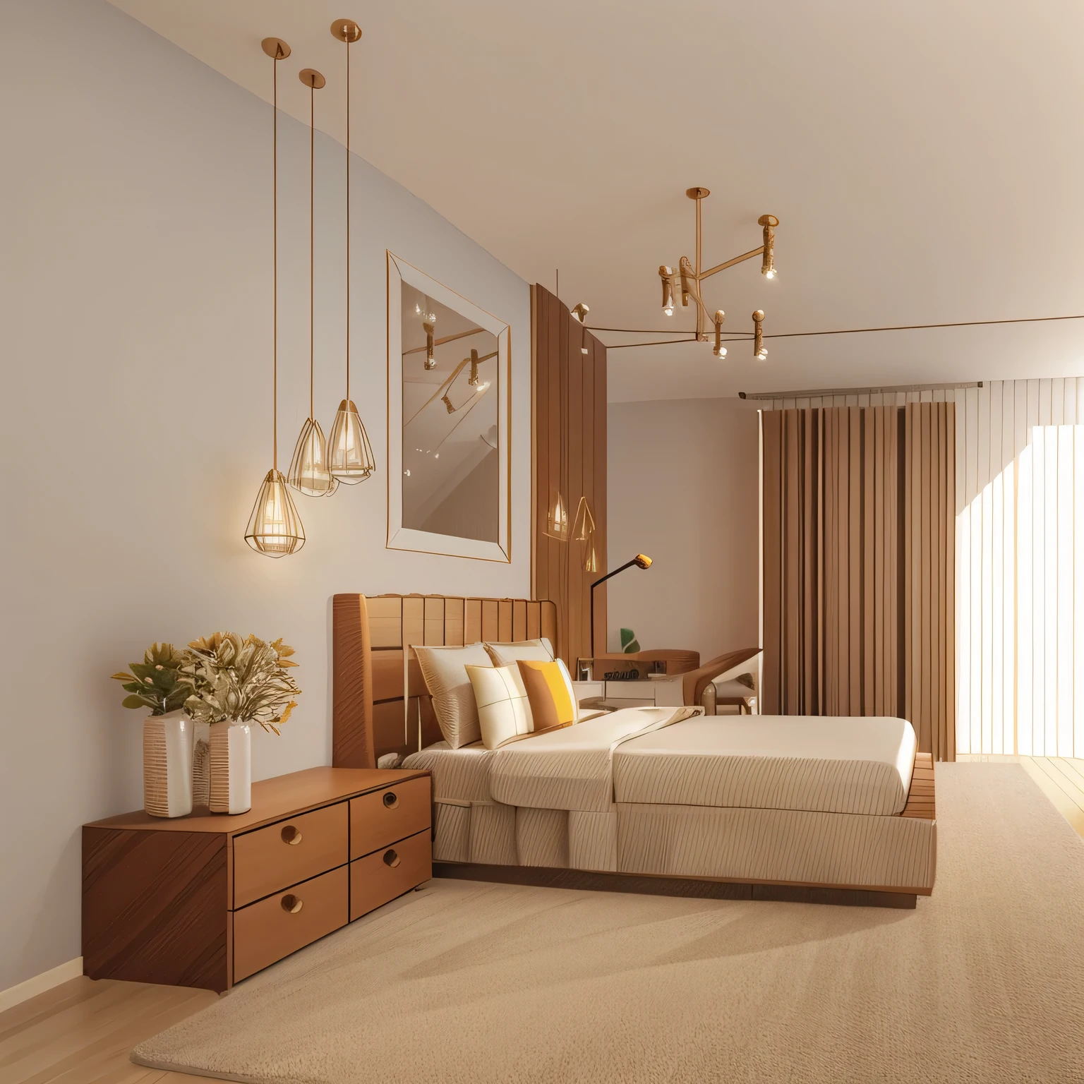 Modern luxury interior design bedroom, Soft Light, Focus the light on the bed ((detail:1.3))