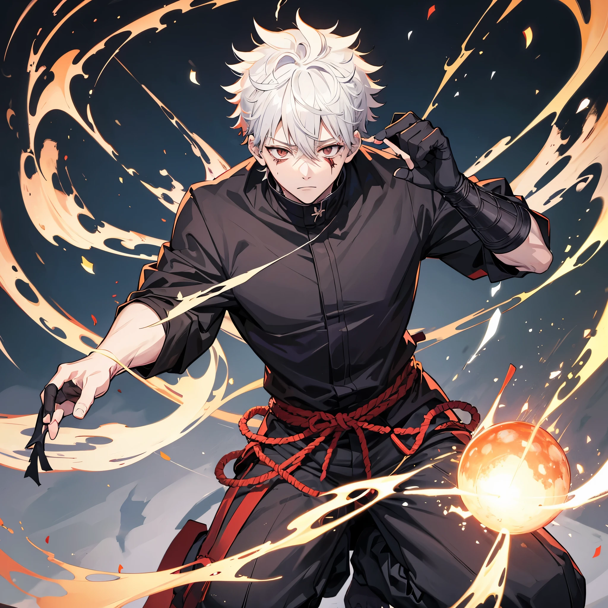 Estilo jujutsu kaisen, jovem masculino, cabelo branco, olhos vermelhos, brincos, traje preto jujutsu kaisen, serious position with ashes coming out of my hands