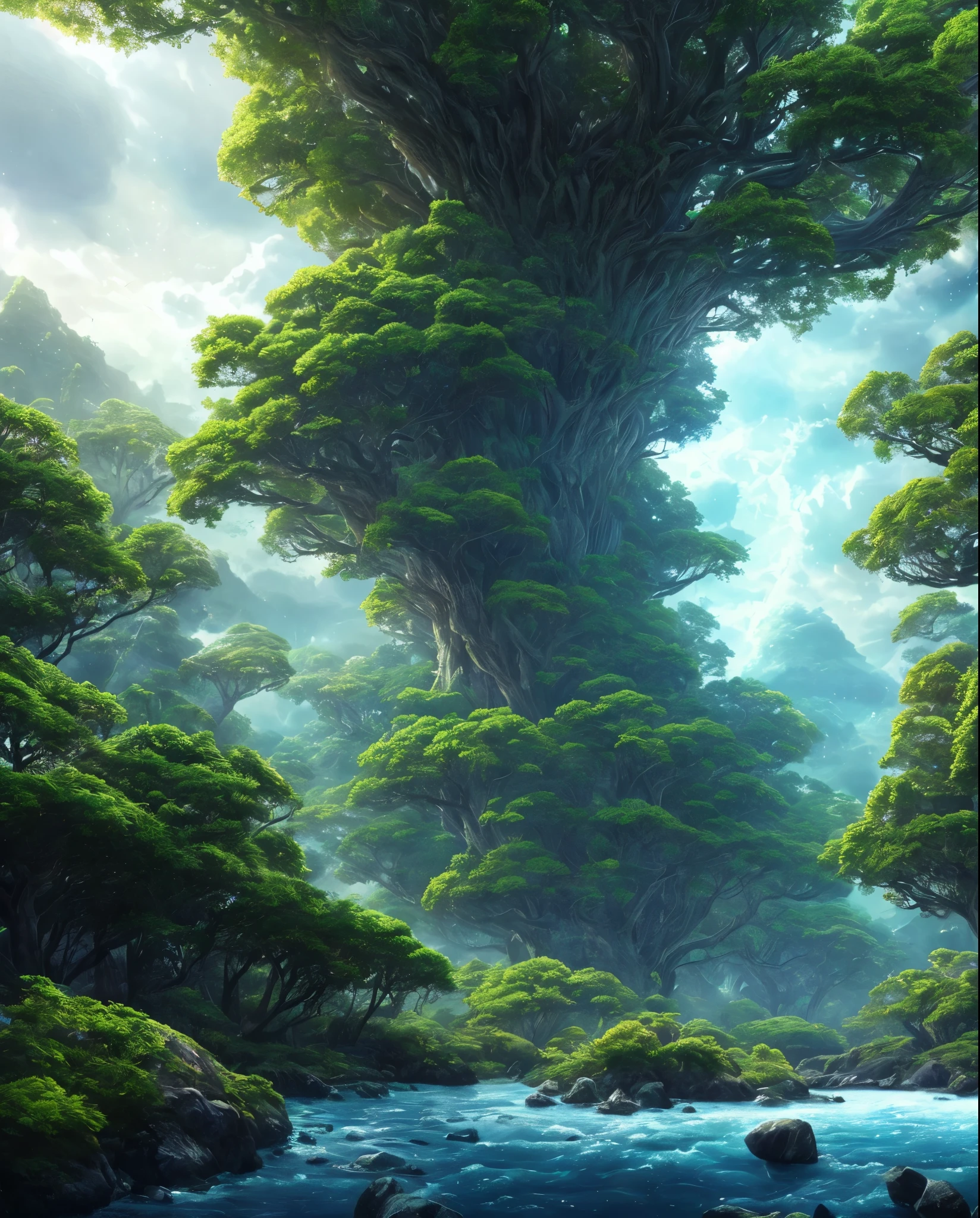 Hyperrealistic illustrations , Otherworldly, Super sky scene featuring the entire body of a giant crystal tree,Very detailed and magical lighting, Intricate forest details, Surrounding vegetation and river, solar punk ,landscape, huge tree, Beautiful foliage with beautiful lighting and realistic proportions, Like a movie background, 8k, highest quality, masterpiece, Sky with clouds and stars.