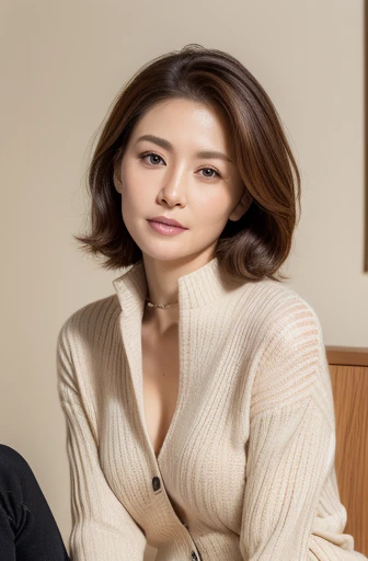 Crystal clear image quality,highest quality, masterpiece, High resolution, Photorealistic, Raw photo, 8k wallpaper, perfection, Professional Lighting, Very detailed, Depth of written boundary, ((One beautiful woman)), Detailed face, 46 years old,Beautiful Eyes, Bans, Shapely small breasts, light brown wavy hair, Short Hair,Faint lips, ((Sitting facing forward)),sweater, skirt,Muscular,Belly button,(((The whole body is visible))),((I can see your pants)),sexy,(((Use your hands to open your collar so your chest is visible)))