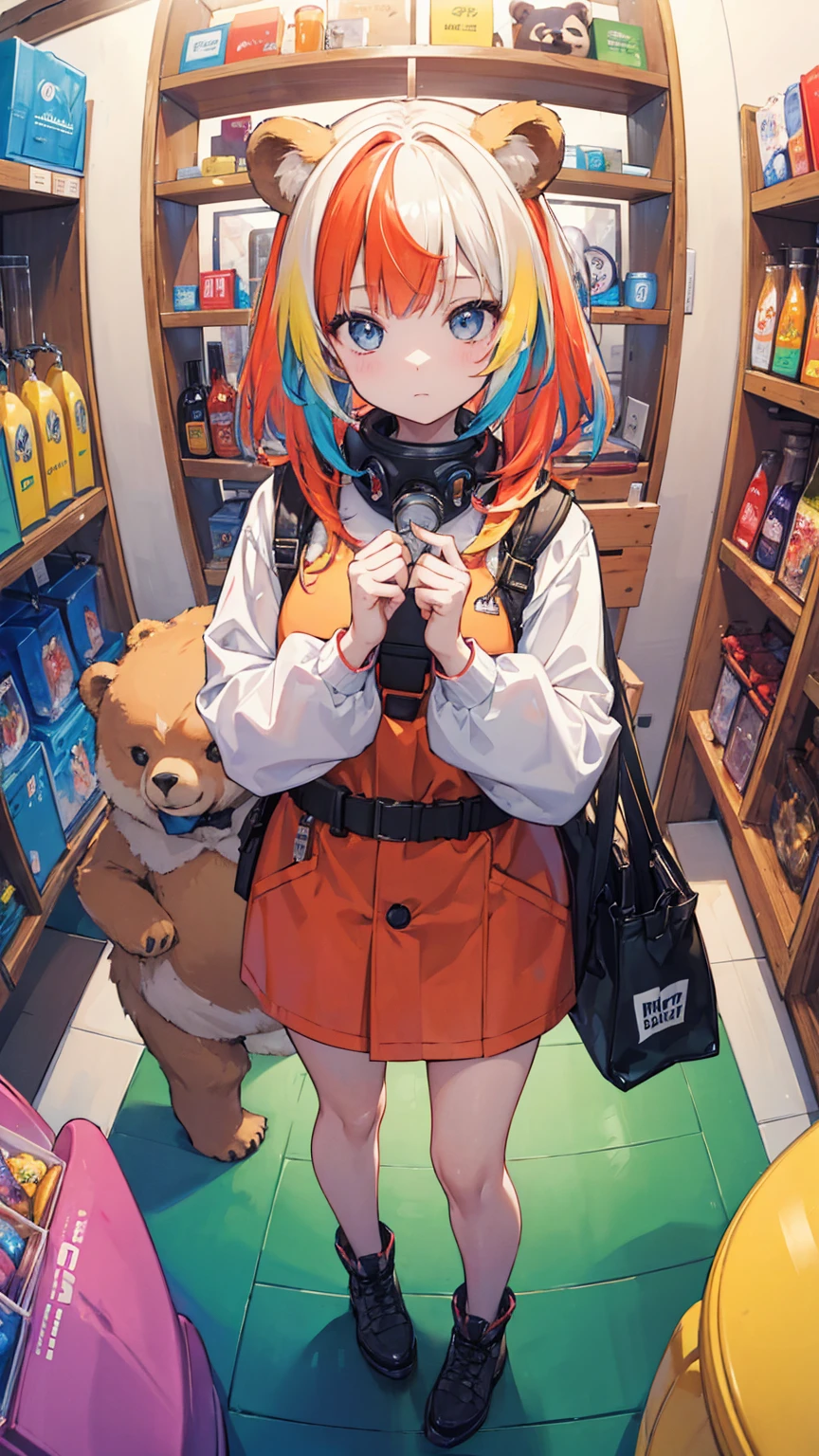 (masterpiece, best quality), (colorful:1.4), from above, solo, 1girl standing in a bear country outfitters store with bear bells on display and a bag of bear-proof containers, depth of field, fisheye lens