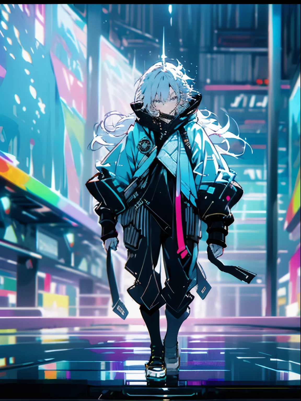 Boy, wearing cyberpunk hoodie, white hair, full body view, standing on top of a building,{clear},{definite},{intelligible},{unequivocal},{perceptible},{manifest},{limpid} {unmistakable},{noticeable},{unblurred},{itemized},{particularized; exhaustive},{thorough},{comprehensive},{detailed-face},{great-art},{amazing-art},{amazing-skill},{incredible-skill},{wonderful-art},{amazing-artwork},{fantastic-art},{incredible-graphics},{mind-blowing-creativity},{stunning-masterpiece}
