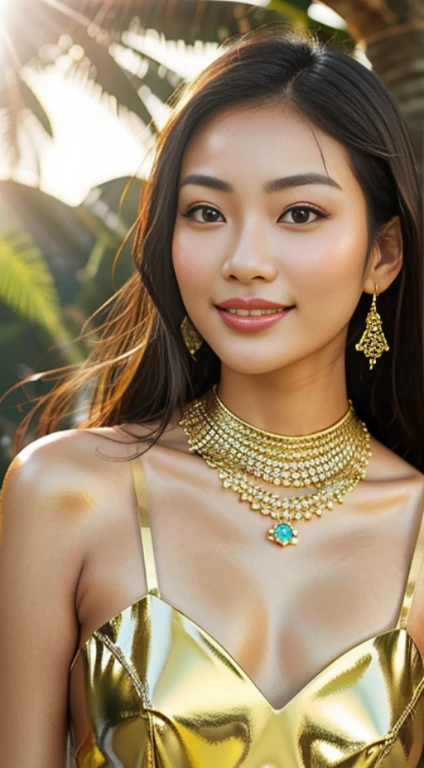 an extremely beautiful Asian girl, Brilliantly perfect backdrop, Photo quality at the highest level. Metallic shiny skin. Expensive jewelry and accessories. Smile face. Ngực to. The beautiful sunlight shines on her.
