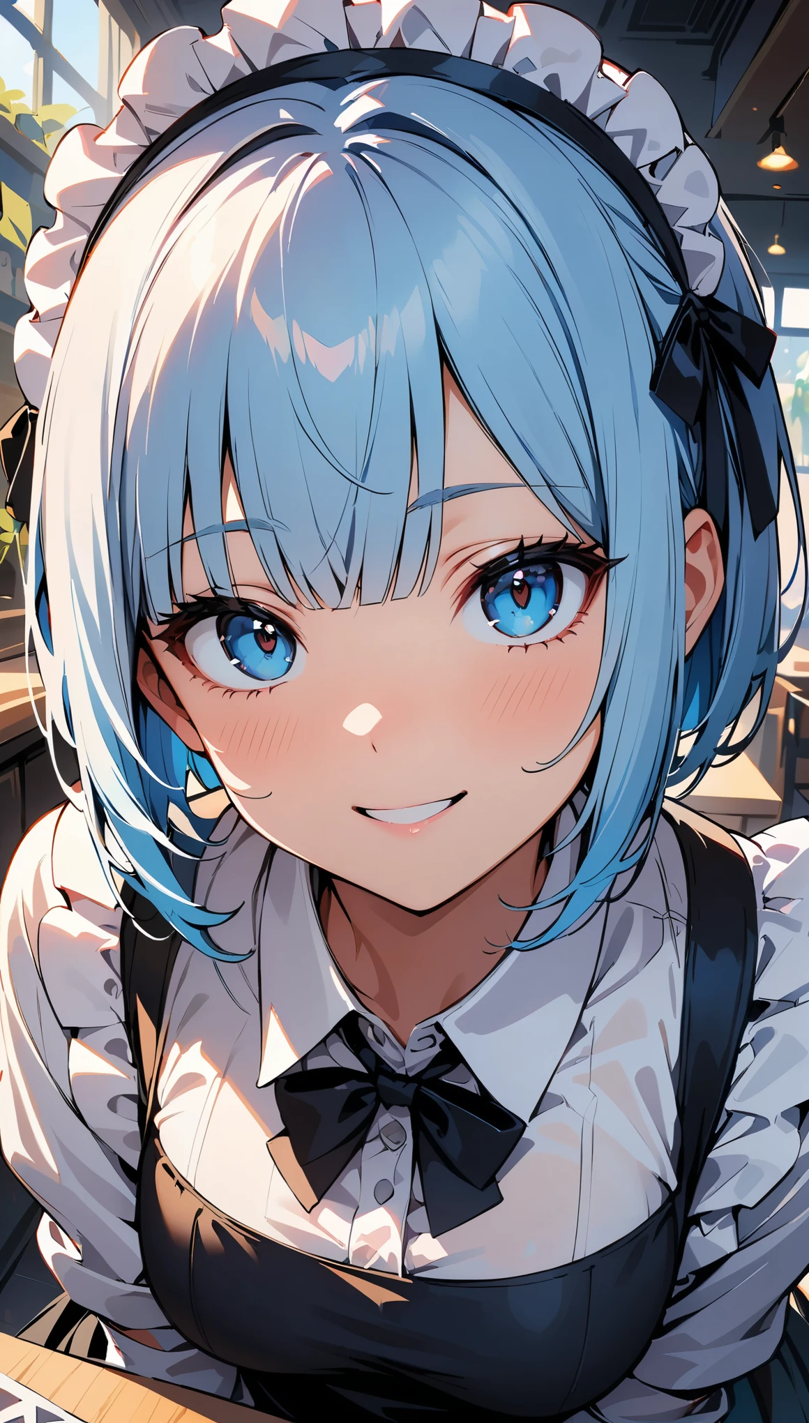 (high quality, 8k, 4K, High Contrast, masterpiece:1.2, 最high quality, Best aesthetics), Beauty, Maid, Very detailed, Seductive and erotic girl with lace headdress, smile, (Light blue hair, Bobcut), Focus on the face, Focus on the face, Complex eyes, Black knee-high socks, coffee shop, Low angle shot, Viewer looking up,