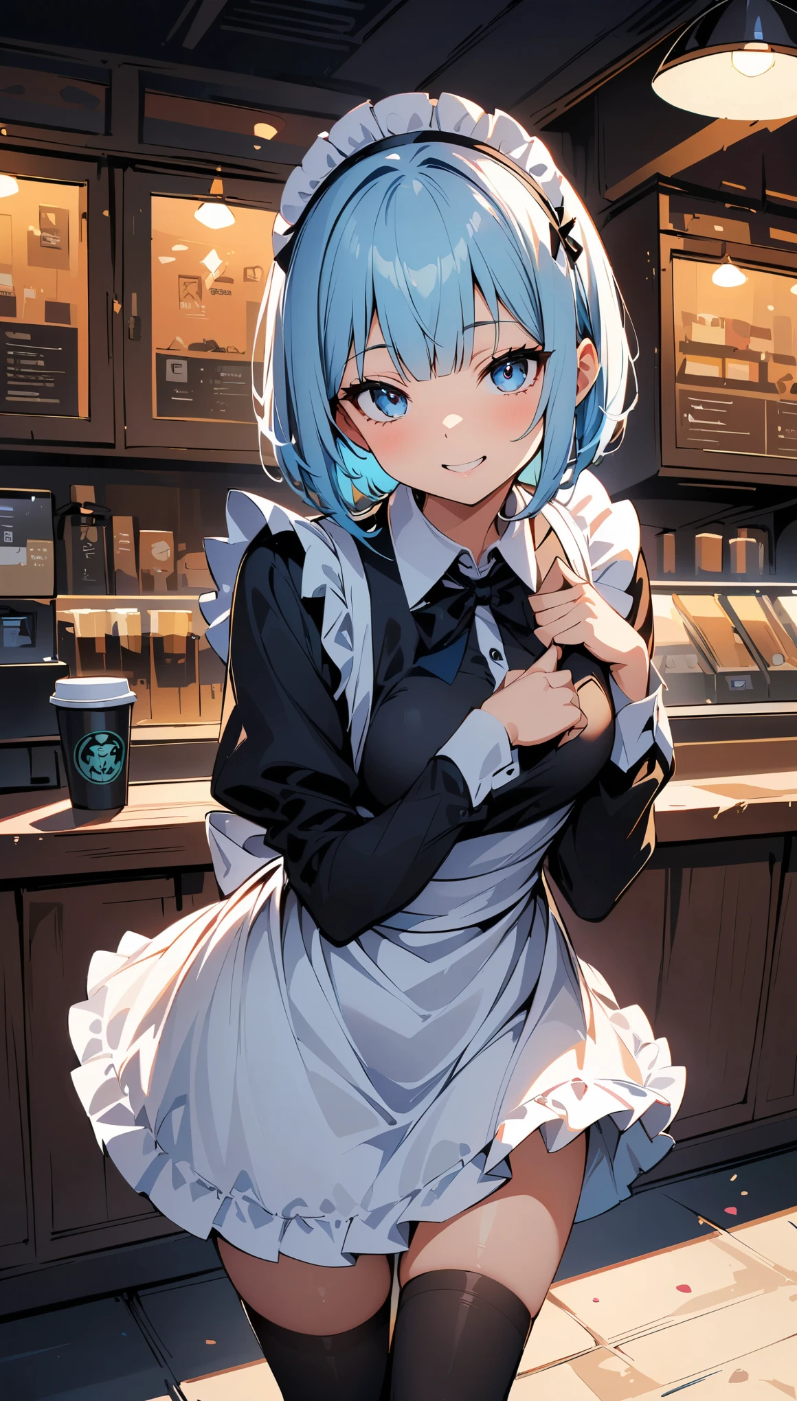 (high quality, 8k, 4K, High Contrast, masterpiece:1.2, 最high quality, Best aesthetics), Beauty, Maid, Very detailed, Seductive and erotic girl with lace headdress, smile, (Light blue hair, Bobcut), Focus on the face, Focus on the face, Complex eyes, Black knee-high socks, coffee shop, Low angle shot, Viewer looking up,