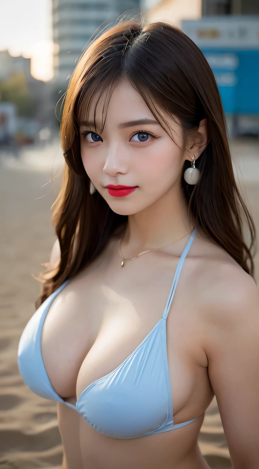 Beautiful city college girl, masterpiece, light makeup, red lips, brown hair, beautiful face, delicate face, messy long hair, cityscape background, beautiful and elegant. Super fine details, masterwork, authentic texture, cinematic lighting realism, perfect work, 8K, HD, exquisite features, blue eyes, Japanese idol, beautiful face, cute smile, brown hair, beautiful hair , stylish hairstyle, glamorous, big breasts, big tits, huge breasts, super big breasts, erect nipples, greasy muscles, glossy skin, tanned skin, dark skin, photographed on a summer beach, professional photographer, sexy bikini, wearing thong, erotic Body, oily skin, big shining eyes, sunlight, smooth skin, earrings, necklace,