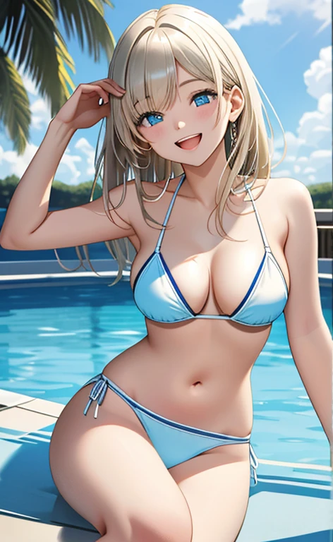 (realistic:1.4、masterpiece、top-quality、8k size wallpaper、offcial art)、(character focus、cowboy shot)、(1girl),(Open mouth happy smile:1.3),(half closed eyes),cute face,blue eyes、()、
,(sit),(Shining smile),
,(slender),(white bikini),(longblonde hair1.3), (large breasts)、
、fluorescence、reflection、pool,、