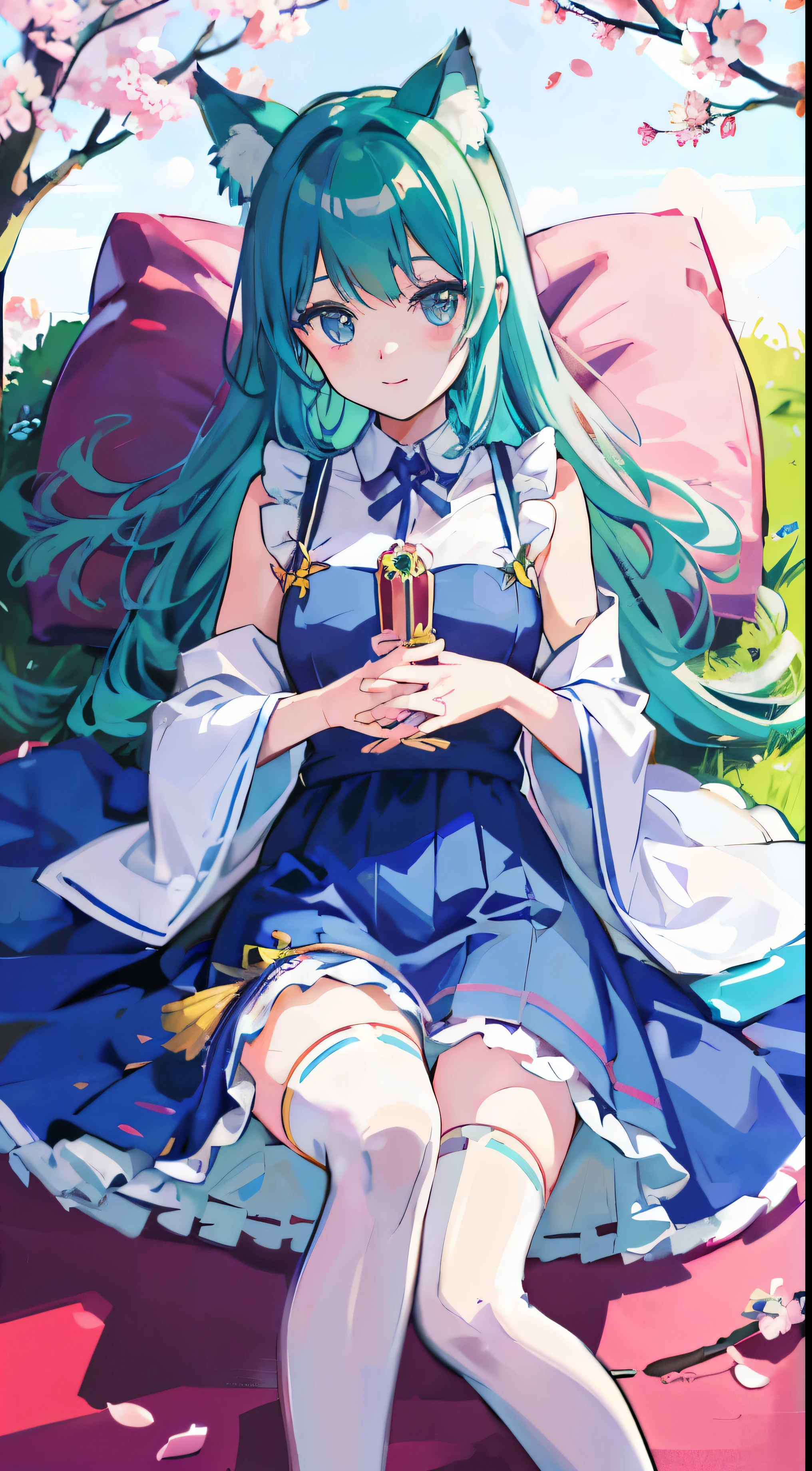 ((Tabletop, highest quality: 1.1), ((Anime girl in a blue dress holding a magic wand)), Art Nouveau、Anime cat girl in maid outfit, , ((Green hairs))、Person with long hair、((Eyes that shine like jewels, Long eyelashes, and transparency))、Very Beautiful Anime Neko Musume, anime cat girl, ((White knee-highs)), Charming cat girl, Cherry blossom viewing under the cherry trees,Lying down、私nspired by Leiko 私kemura, Aya Takano Color Style, in ryuuou no oshigoto art style, ((Cat ear)), smile