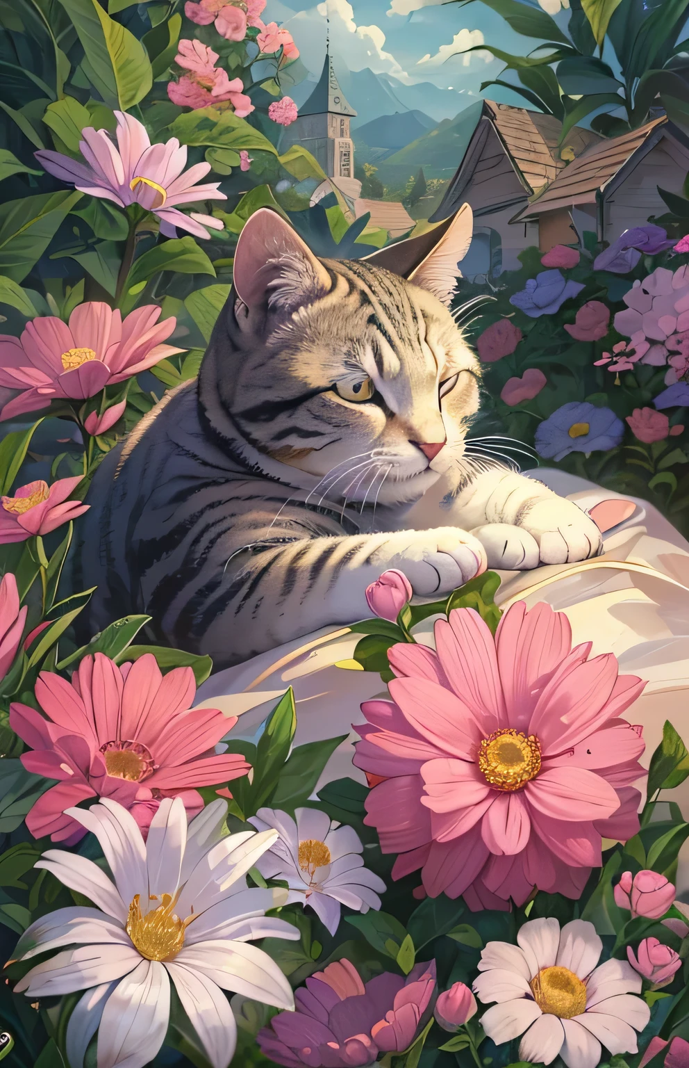 ((highest quality)), ((masterpiece)), (Get used to it), animal , Cat , Lots of flowers in the background , Are sleeping ,