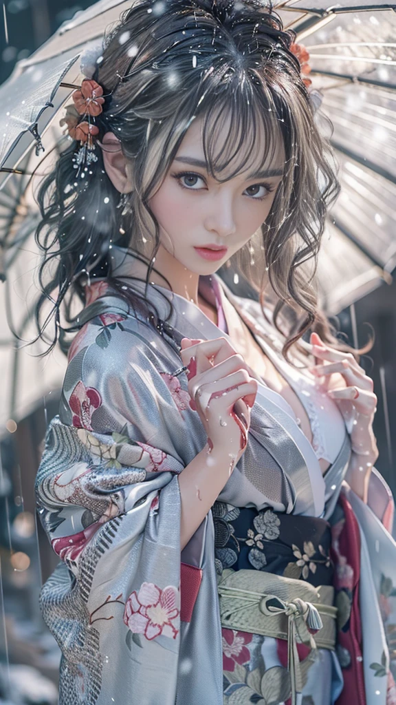 (Realistic:1.5, 8k, highest quality, masterpiece, Ultra-high resolution), (((heavy snow, From below))), Perfect dynamic composition:1.2, (In front of a shrine at night in a modern city, Expressions of sadness:0.9, Low angle shooting:0.9), Highly detailed skin and facial textures:1.2, Young 女性 getting wet in the rain:1.3, Fair skin:1.2, Sexy beauty:1.1, Incredibly slim body:1.2, beautifully、aesthetic:1.1, Very beautiful face:1.2, Water droplets on the skin, (The rain drips down on my body:1.2, Wet body:1.2, Wet Hair:1.3), (Professional kimono dressing, Holding a wet bouquet:1.2, Wearing a wet silver kimono correctly:1.3), (Big Breasts, Bra is sheer, Chest gap), (Big eyes that exude beautiful eroticism:0.8, Lips that exude beautiful eroticism:0.8), necklace, Earrings, bracelet, wedding ring, Highly detailed and accurate hand and finger representation