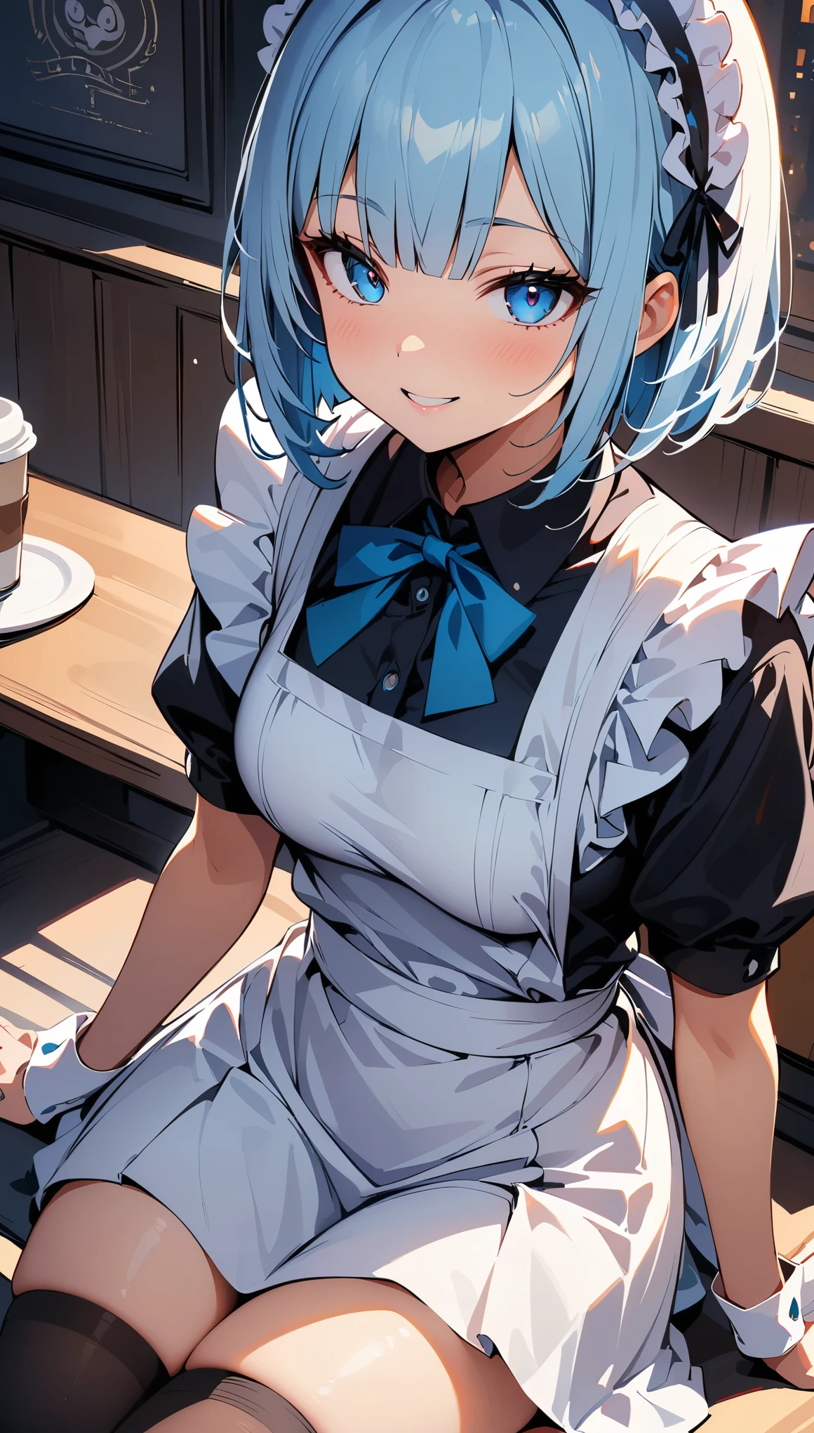 (high quality, 8k, 4K, High Contrast, masterpiece:1.2, 最high quality, Best aesthetics), Beauty, Maid, Very detailed, Seductive and erotic girl with lace headdress, smile, (Light blue hair, Bobcut), Focus on the face, Focus on the face, Complex eyes, Black knee-high socks, coffee shop, Sitting, Dynamic Angle,