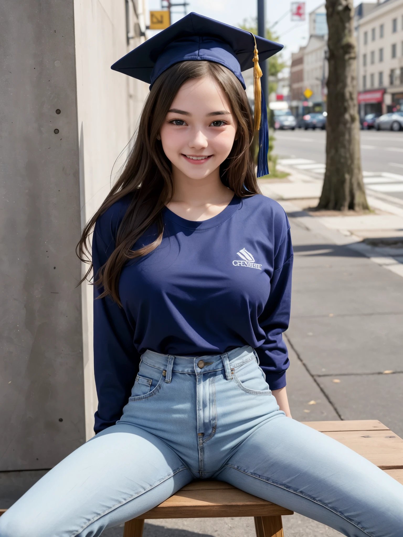 girl wearing graduation cap, BREAK, 1girl, graduation cap, detailed face, (realistic:1.3), very long hair, looking at viewer, long sleeve t-shirt, fit highwaist legging jeans, closed mouth smile, outdoor, street, standing, straddling to hit her crotch against the corner of the table, blush, drooping eyes, blush, shame smile, spread legs, open mouth, (****, cute:1.3), (large breast:1.2), 