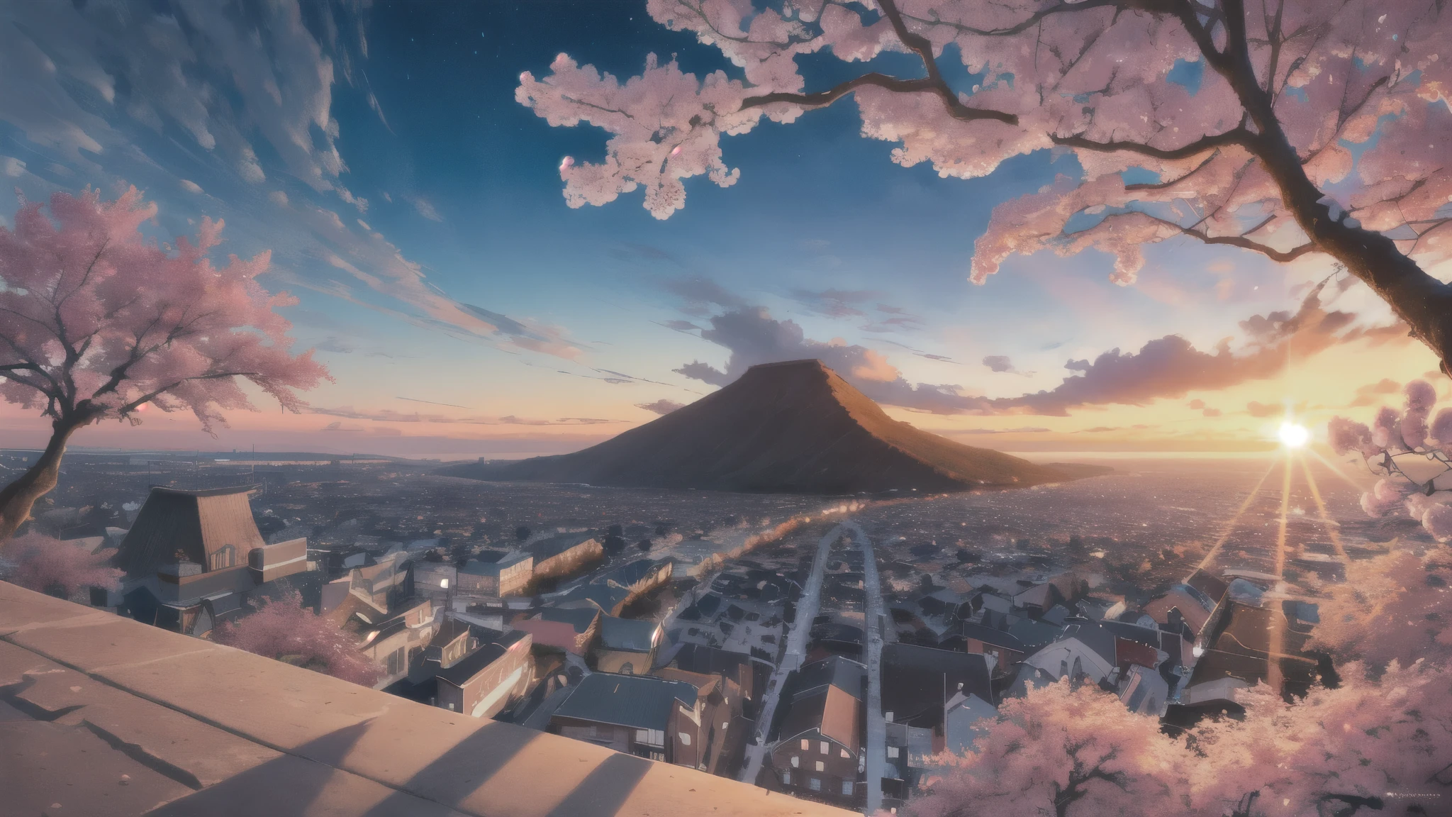 (masterpiece, highest quality:1.2), Super detailed, Cinema Lighting, High resolution, An illustration, landscape, sunrise, Cherry Blossom, impressive, Chill, Inspiration,