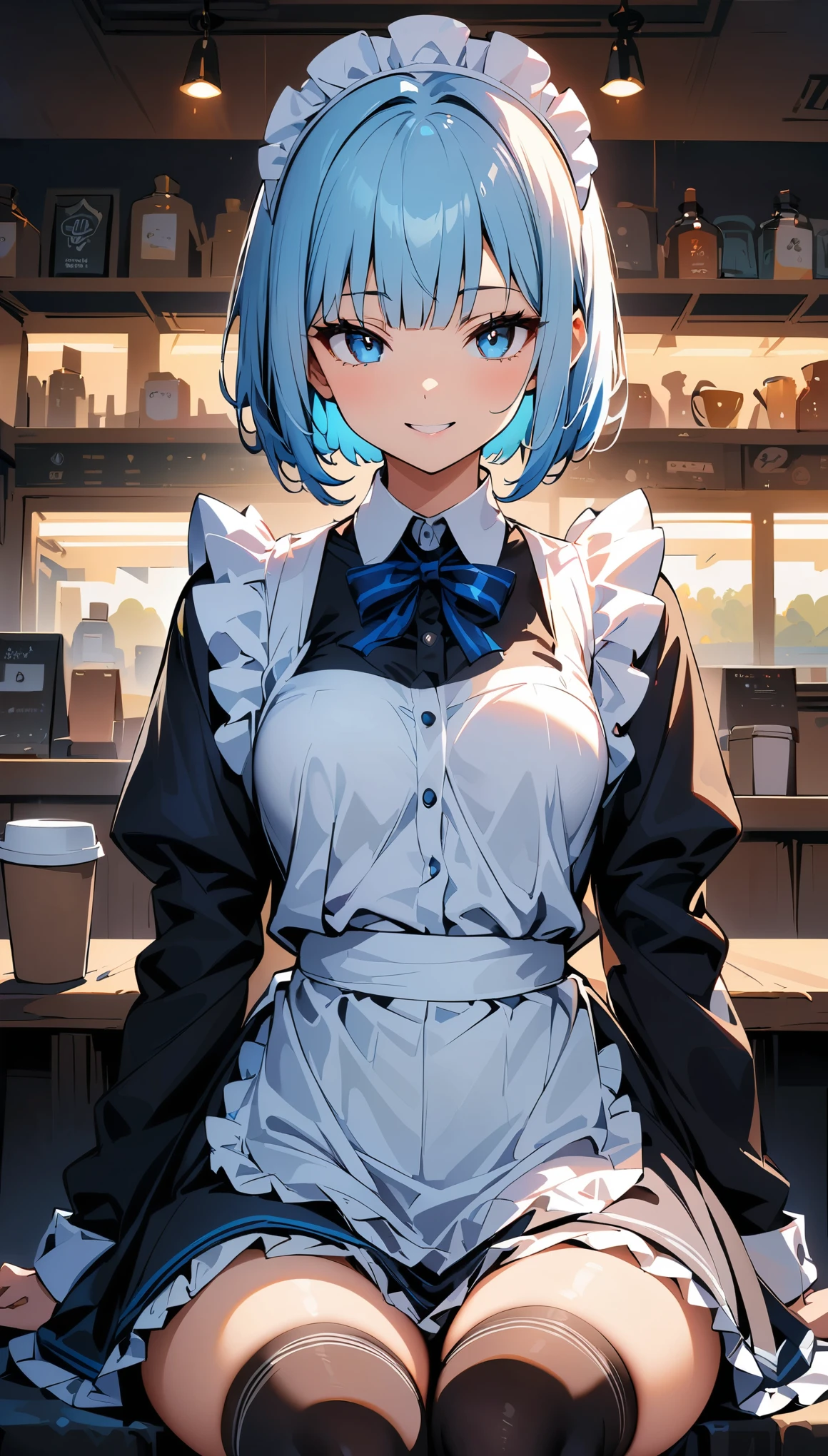 (high quality, 8k, 4K, High Contrast, masterpiece:1.2, 最high quality, Best aesthetics), Beauty, Maid, Very detailed, Seductive and erotic girl with lace headdress, smile, (Light blue hair, Bobcut), Focus on the face, Focus on the face, Complex eyes, Black knee-high socks, coffee shop, Sitting, Dynamic Angle,