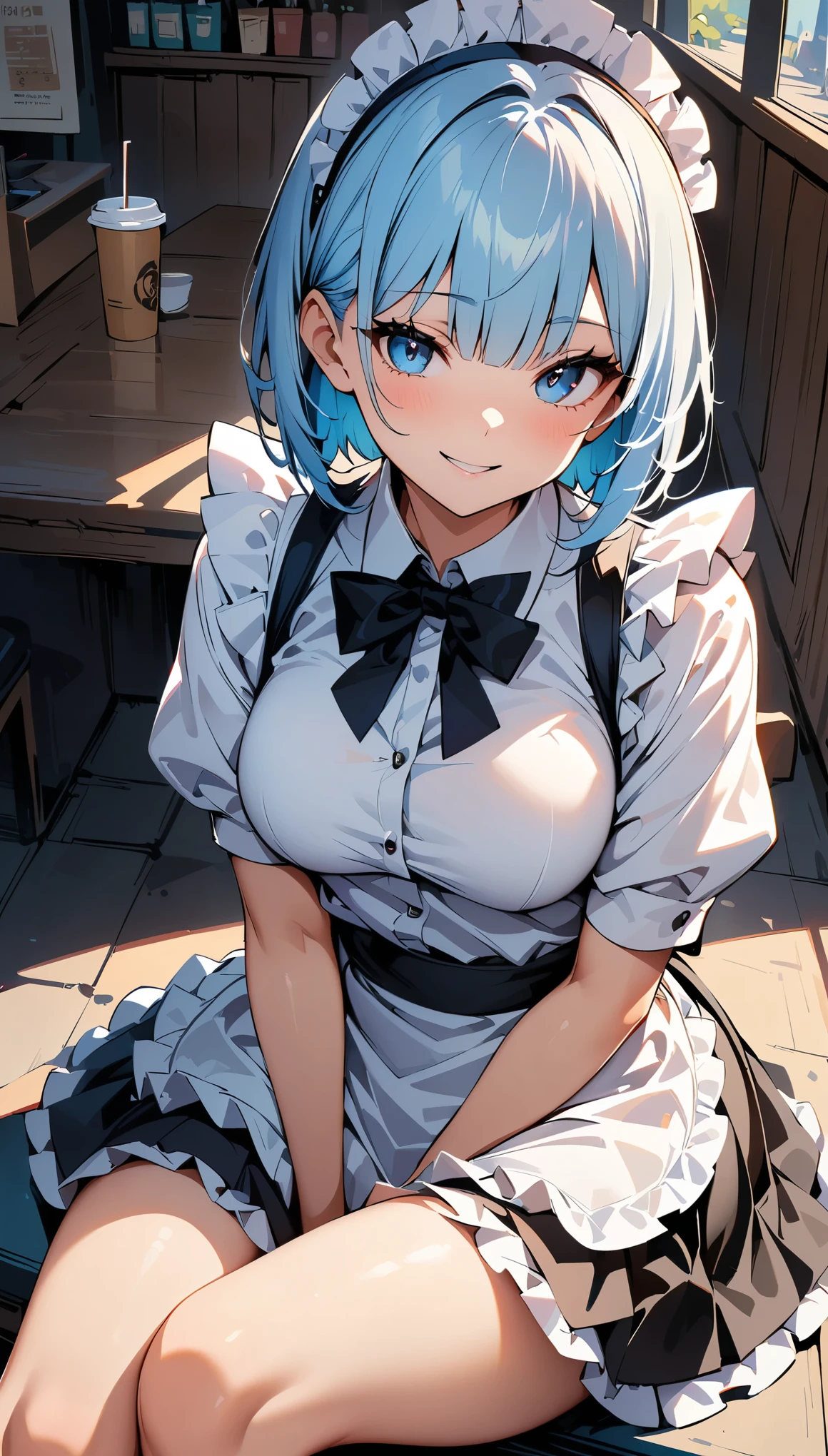 (high quality, 8k, 4K, High Contrast, masterpiece:1.2, 最high quality, Best aesthetics), Beauty, Maid, Very detailed, Seductive and erotic girl with lace headdress, smile, (Light blue hair, Bobcut), Focus on the face, Focus on the face, Complex eyes, Black knee-high socks, coffee shop, Sitting, Dynamic Angle,