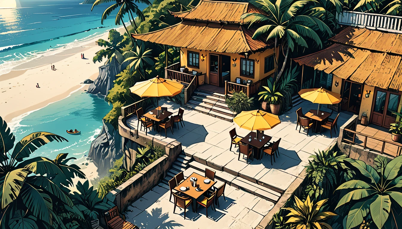 top view at tropical cafe on the seashore in the tropical jungle with stairs to the sea and an open terrace with sun umbrellas over tables, people sitting in coffee, (graphic style of novel comics), perfect hands, 2d, 8k, hyperrealism, masterpiece, high resolution, best quality, ultra-detailed, super realistic, Hyperrealistic art, high-quality, ultra high res, highest detailed, lot of details, Extremely high-resolution details, incredibly lifelike, soft cinematic light,