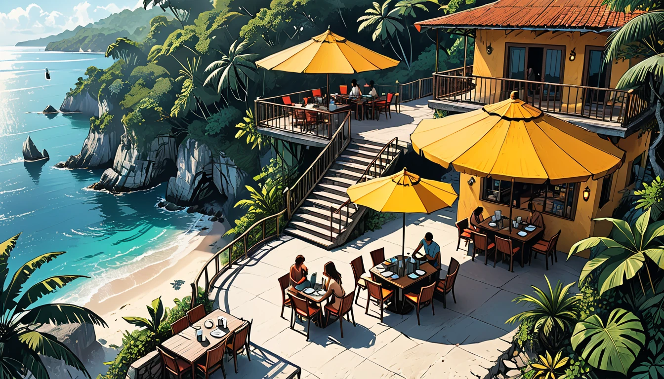 top view at tropical cafe on the seashore in the tropical jungle with stairs to the sea and an open terrace with sun umbrellas over tables, people sitting in coffee, (graphic style of novel comics), perfect hands, 2d, 8k, hyperrealism, masterpiece, high resolution, best quality, ultra-detailed, super realistic, Hyperrealistic art, high-quality, ultra high res, highest detailed, lot of details, Extremely high-resolution details, incredibly lifelike, soft cinematic light,