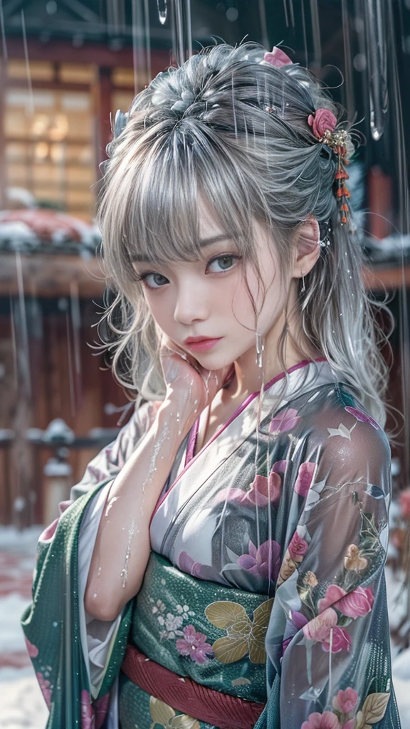 (Realistic:1.5, 8k, highest quality, masterpiece, Ultra-high resolution), (((heavy snow, From below))), Perfect dynamic composition:1.2, (In front of a shrine at night in a modern city, Expressions of sadness:0.9, Low angle shooting:0.9), Highly detailed skin and facial textures:1.2, Young 女性 getting wet in the rain:1.3, Fair skin:1.2, Sexy beauty:1.1, Incredibly slim body:1.2, beautifully、aesthetic:1.1, Very beautiful face:1.2, Water droplets on the skin, (The rain drips down on my body:1.2, Wet body:1.2, Wet Hair:1.3), (Professional kimono dressing, Holding a wet bouquet:1.2, Wearing a wet silver kimono correctly:1.3), (Big Breasts, Bra is sheer, Chest gap), (Big eyes that exude beautiful eroticism:0.8, Lips that exude beautiful eroticism:0.8), necklace, Earrings, bracelet, wedding ring, Highly detailed and accurate hand and finger representation