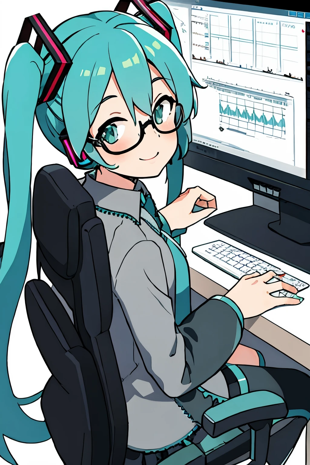 ((best quality)), ((masterpiece)), (detailed), perfect face,((perfect anatomy)),((perfect hands)),(Hatsune Miku),glasses,modern office,stock chart on screen,sitting, gaming chair,looking back, looking at viewer, smiling 
