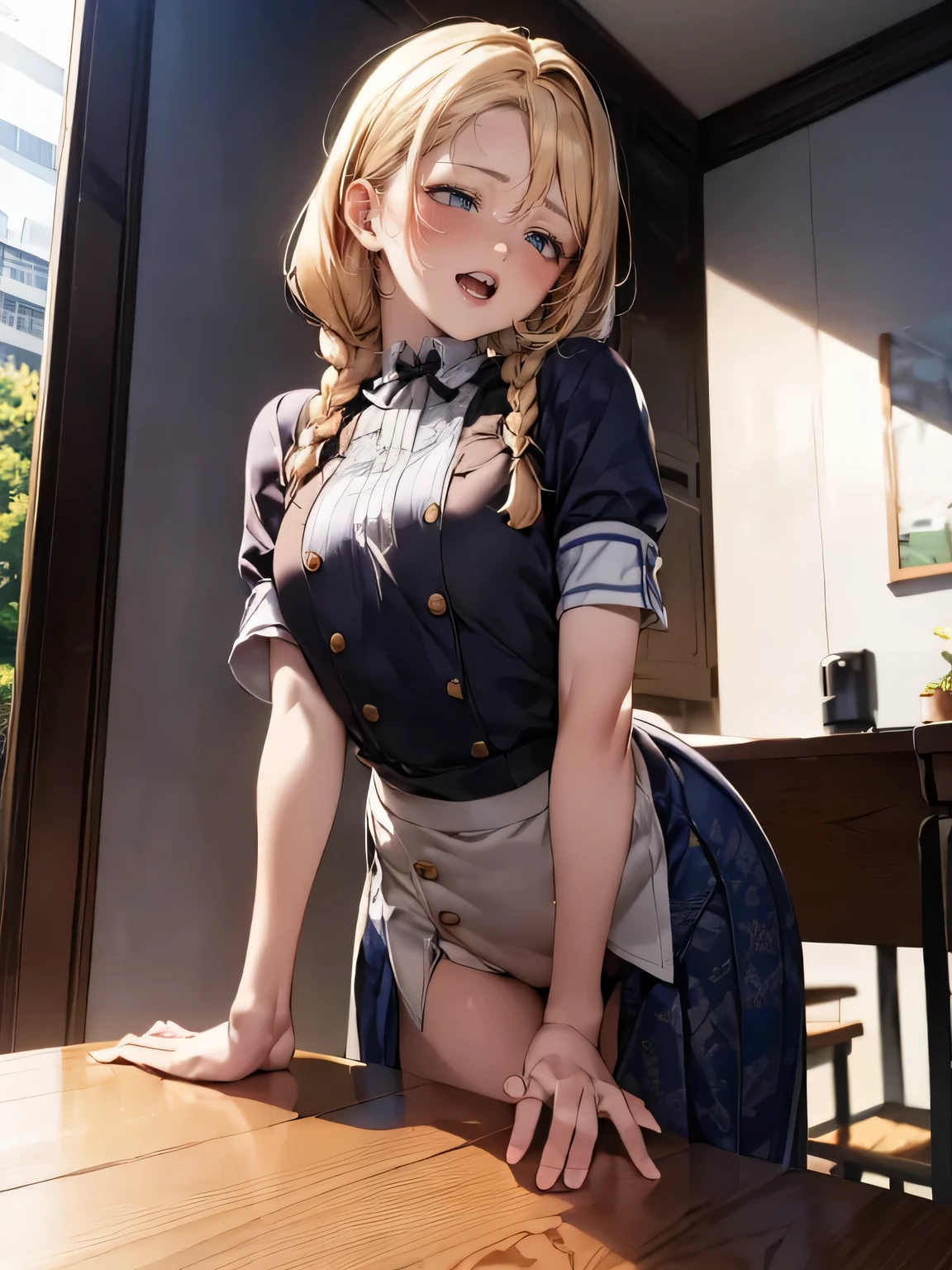 depicting a moment from manga for adults, (((standing and straddling to hit her crotch against the corner of the table))), skirt various patterned, blush, round face, eyes with realistic sizing, drooping eyes, blush, shame smile, spread legs, open mouth, on the sidewalk, terrace, place many people pass, buildings, blond, braid,
