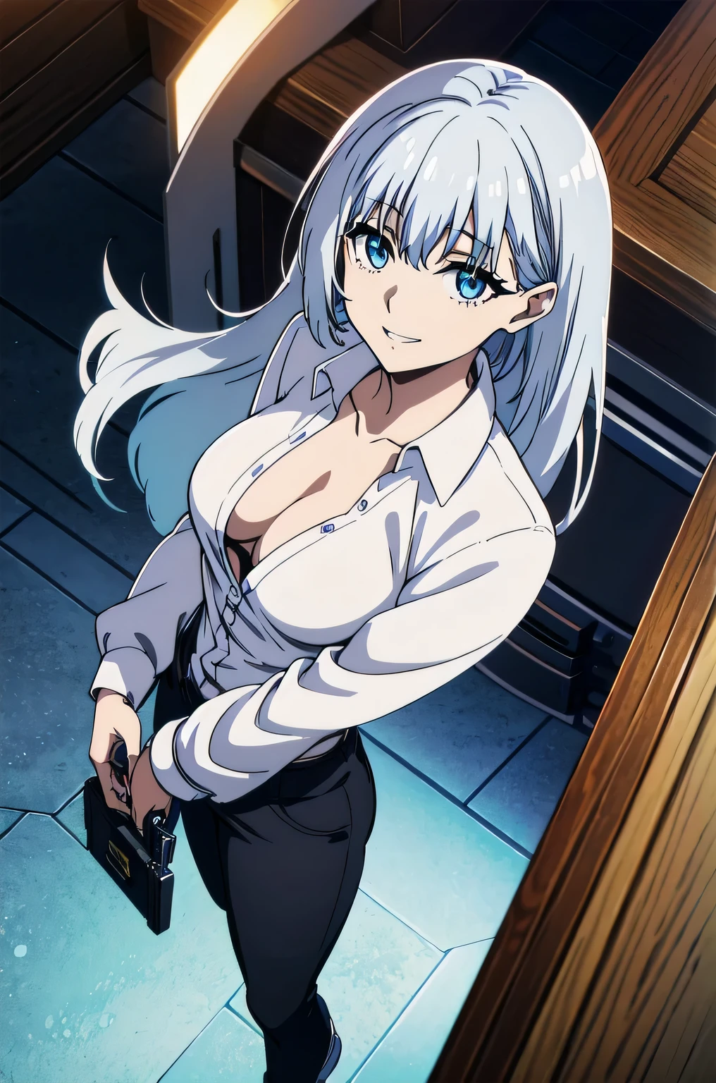 beta, silver hair,blue eyes,Sex, hooligan, waist, legsupms, buttocks, pectorals, Camera from above, Frame from above, the night, Lights, looks at the viewer, ssmile, grin, criminal, laughting, shirt unbuttoned, handsome body(Perfect Anatomy 1.1), medium chest size, bare breasts, madwoman, white shirt, black pant, Tucked-up trousers, red sneakers, vulgar, Erotica, half naked, beautiful breasts, waist, sexy body, hight resolution, 1girl, solo, hairlong, , dangerous,,Confident,superior, naughty, (power \(chainsaw man\),),, Cool anime 8K, Clean and detailed anime art, 4K Manga Wallpapers, Подробный портрет Anime Girl, Anime 4K Style, Anime Art Wallpapers 4K, Anime Art Wallpaper 4K Masterpiece, Gorgeous, Best Quality, unbuttoned shirt, cleavage