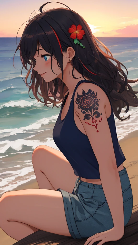 (masterpiece, best quality, ultra detailed, ultra high resolusion, highres,8k:1.4), BREAK,20_years_old, 1giri sitting-on-the-the edge-of-the-waves,smile, beach, (looking away:1.7), (dark_skin:1.2),(tribal_tatoo:1.2),(wavy hairs),(messy hair),(asymmetry bangs),(multicolored hair),
Tsurime Eyes, (((blue eyes))),
((flower hair ornament)),(shortpants,tanktop:1.4), sunset, from side,