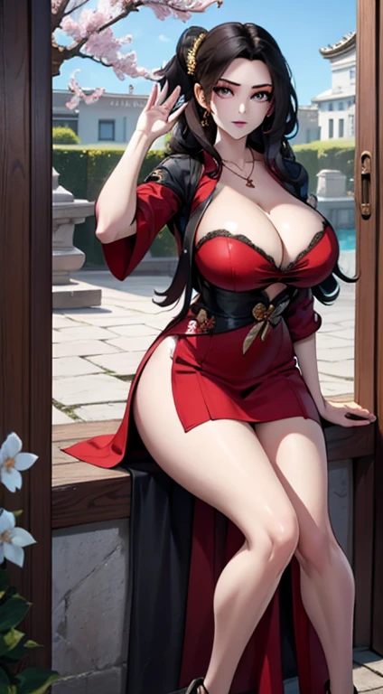 Beautiful young girl in a red top looks at the viewer, In the garden, Realistic graphics, A bit big,Large bust,Cleavage,full-body shot,Wearing a beautiful necklace, waving at viewer, good shape, beautiful organic photography ,Graphic focus is on the girl in the center of the graphic photo ,red dress ,waving at viewer, full-body shot渲染图,Complete corpse collection, cherry blossoms in bloom, sitting under the tree ,and waist