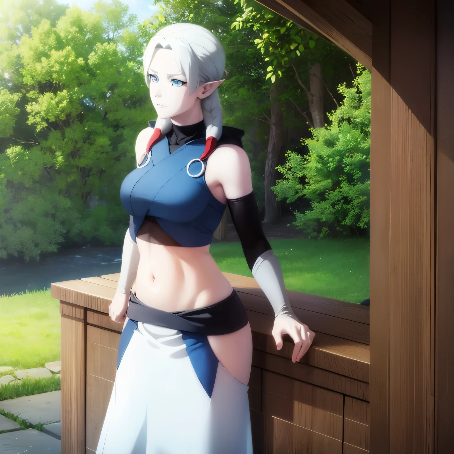 fymryn, blue eyes, grey hair, pointy ears, elf,
braid, hair braid, bare shoulders, detached sleeves, midriff, navel,
long hair, choker, circlet, white dress, dress, gold trims, pregnant 