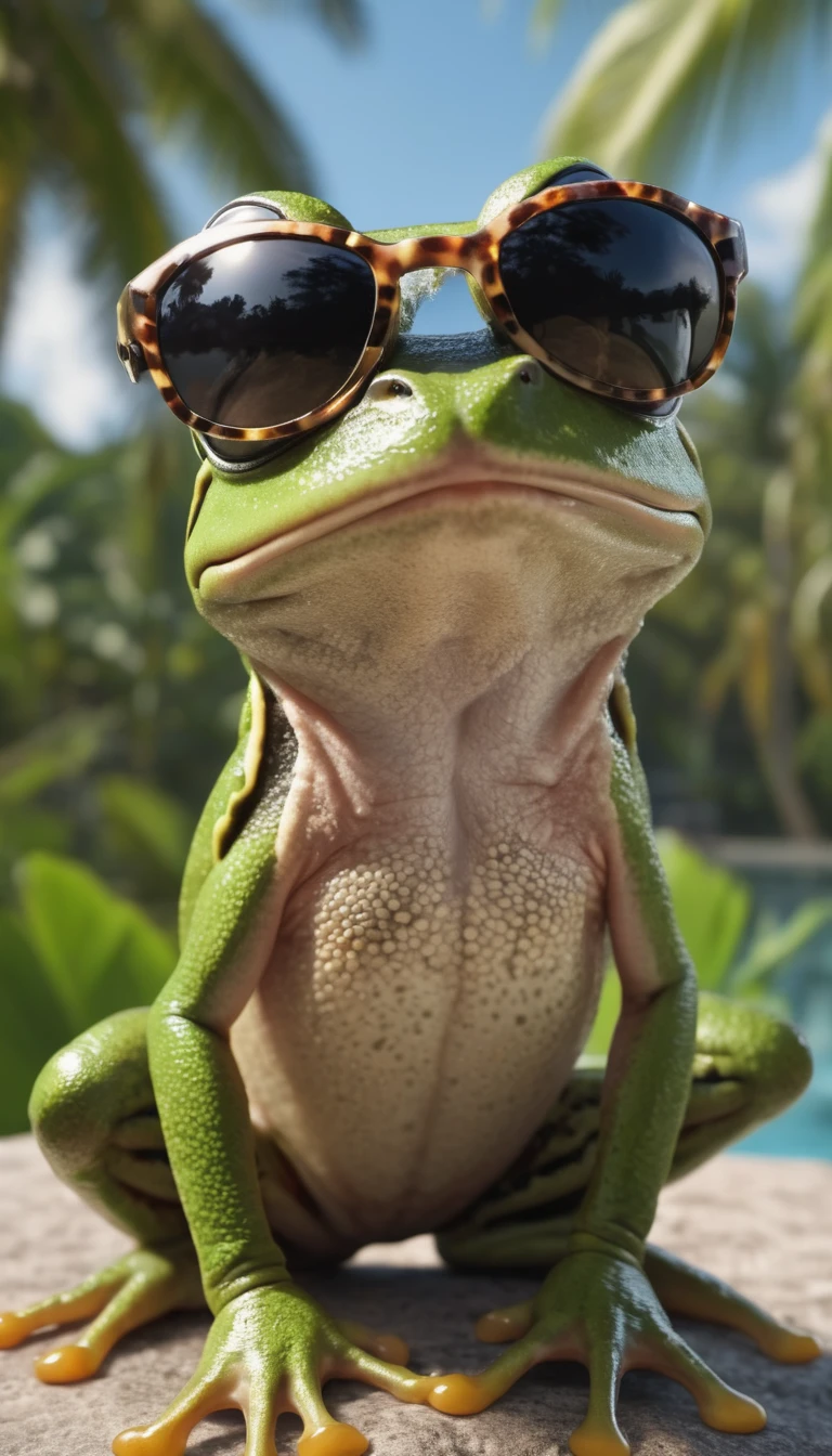 Super detailed photo of frog wearing sunglasses under tropical sky, daytime,|photographique, Realism is pushed to the extreme, Delicate texture, Lifelike, Movie, large format camera, Photorealism, DSLR camera, 8k ultra high definition, HDR, Super detailed, high quality, High contrast