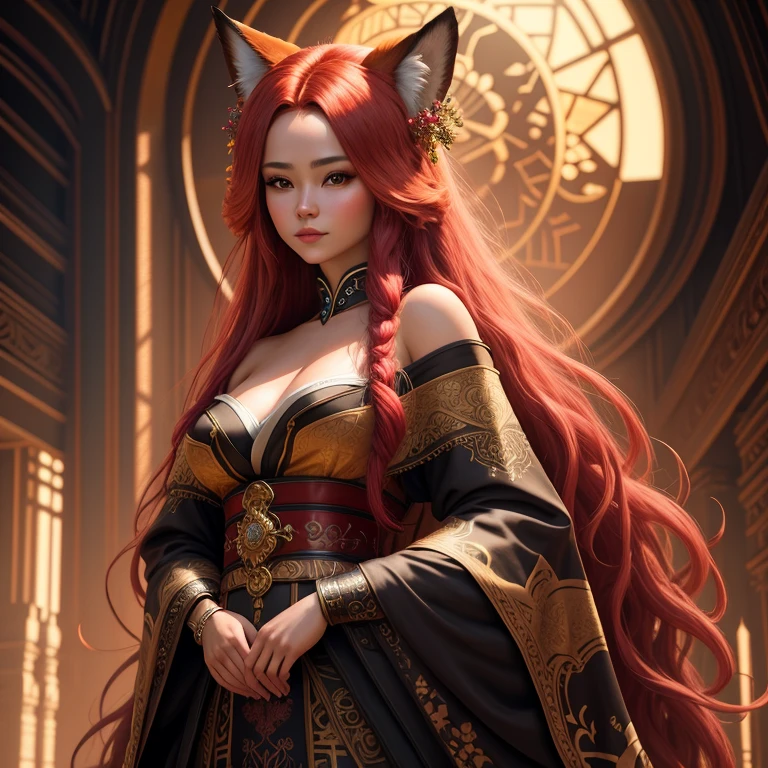 oil painting,young fox woman with long scarlet hair, in an ornate off-shoulder kimono, in a fantasy punk world. Cinematic lighting, unearthly light, intricate details, full color, hyper-maximalist, best quality, unreal engine. shiny decorations, fair skin, beautiful face, 8k, super detail, gorgeous light and shadow, sly smile