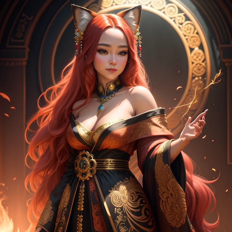oil painting,young fox woman with long scarlet hair, in an ornate off-shoulder kimono, in a fantasy punk world. Cinematic lighting, unearthly light, intricate details, full color, hyper-maximalist, best quality, unreal engine. shiny decorations, fair skin, beautiful face, 8k, super detail, gorgeous light and shadow, sly smile