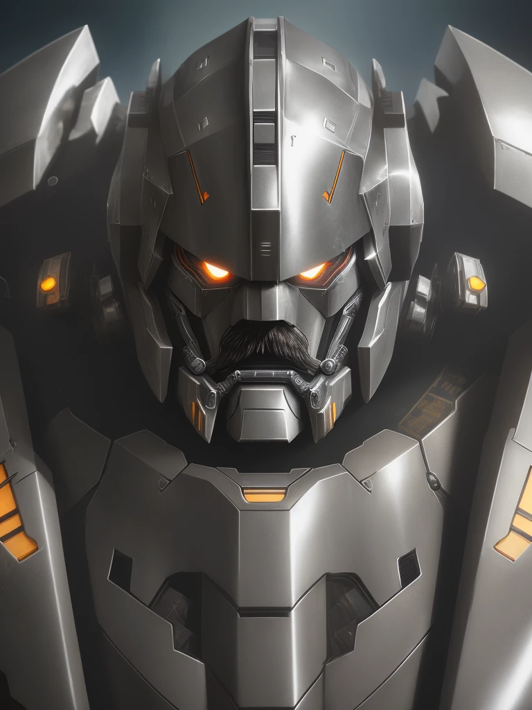 1man with mustache ，Perfect facial features，Handsome face，Put on a metal mech in Pacific Rim，Machinary，Mecha，Photorealsitic，metalictexture，Metal armor，eyes looking at the lens，best qualtiy，，rendering by octane，Cinematic quality，tmasterpiece，16k, metal armor on body, armor suit