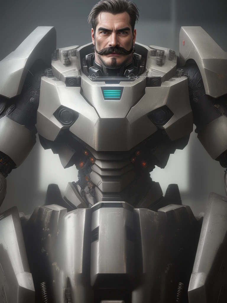 1man with mustache ,Perfect facial features,Handsome face,Put on a metal mech in Pacific Rim,Machinary,Mecha,Photorealsitic,metalictexture,Metal armor,eyes looking at the lens,best qualtiy,,rendering by octane,Cinematic quality,tmasterpiece,16k, metal armor on body, armor suit