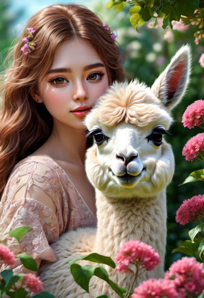 An Alpaca, aesthetic, A girl in a garden, illustration, peaceful, beautiful flowers and trees, soft sunlight, (best quality,4k,8k,highres,masterpiece:1.2), ultra-detailed, (realistic,photorealistic,photo-realistic:1.37), colorful, bokeh, portraits