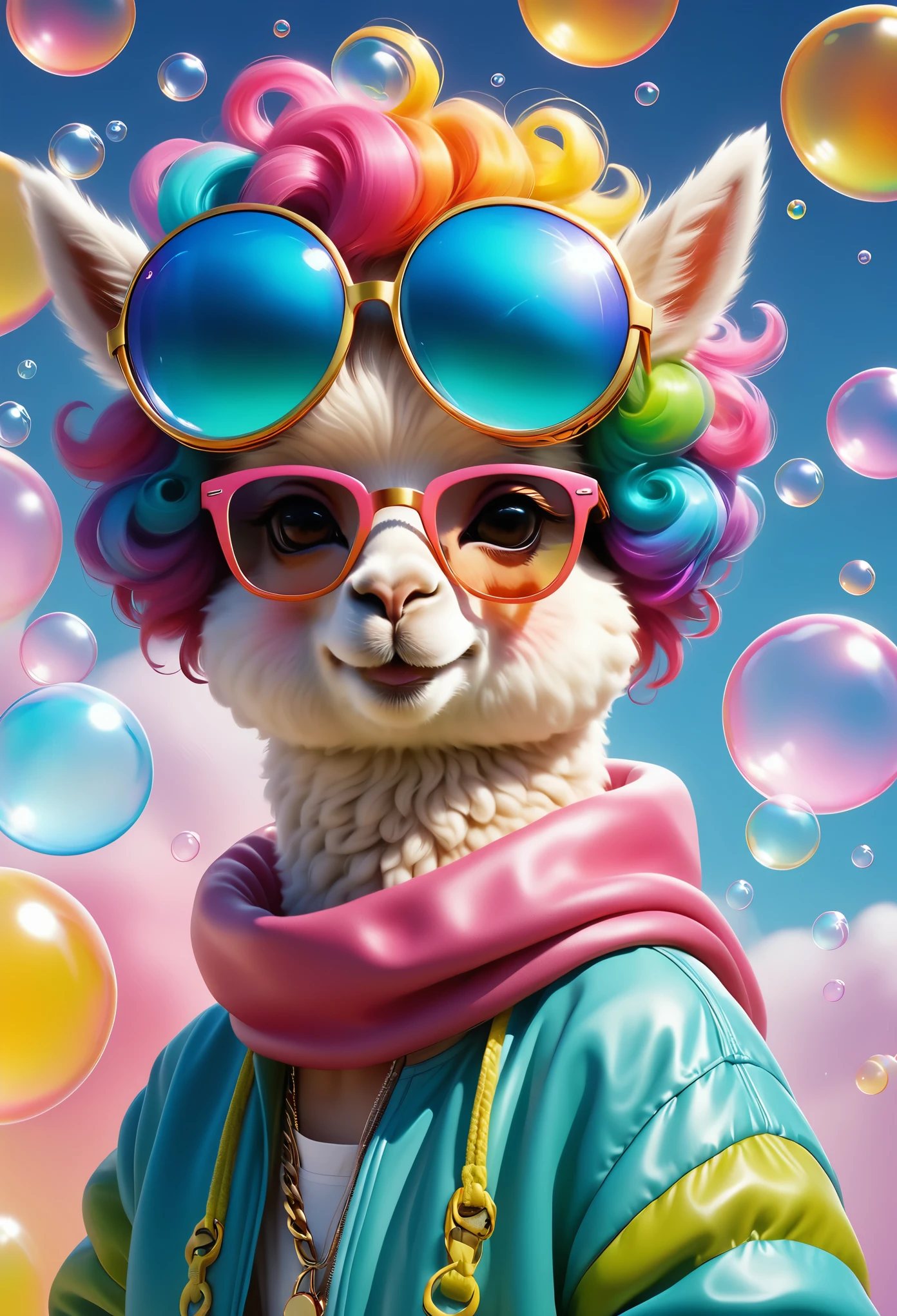 (best quality,highres:1.2),vivid colors,hip-hop style,alpaca,stylish outfit,cool,sunglasses,bubble blowing,dreamy bubbles