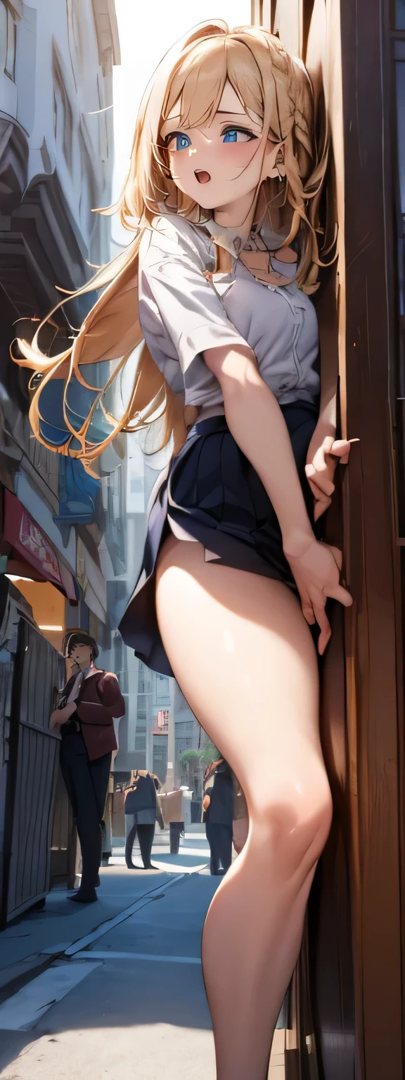 depicting a moment from manga for adults, (((standing and hitting her crotch against the corner of the table))), skirt various patterned, blush, round face, eyes with realistic sizing, drooping eyes, blush, shame smile, spread legs, open mouth, on the sidewalk, terrace, place many people pass, buildings, blond, braid,