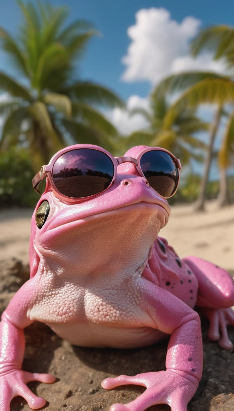 Ultra detailed photo of a pink frog wearing sunglasses under a tropical sky, daytime,|photographique, Realism is pushed to the extreme, Delicate texture, Lifelike, Movie, large format camera, Photorealism, DSLR camera, 8k ultra high definition, HDR, Super detailed, high quality, High contrast