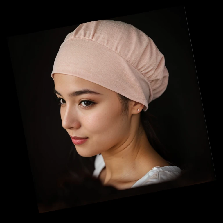 RAW photo, face portrait photo of beautiful 26 y.o woman with bonnet, cute face, happy face, soft shadows, wearing white shirt, cinematic shot