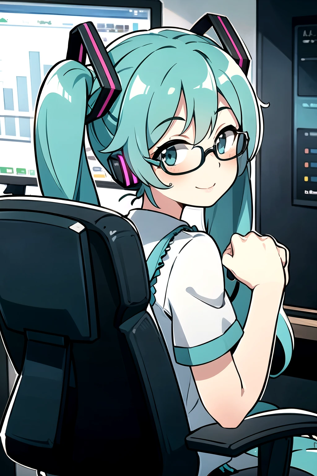 ((best quality)), ((masterpiece)), (detailed), perfect face,((perfect anatomy)),((perfect hands)),(Hatsune Miku),glasses,modern office,stock chart on screen,sitting, gaming chair,looking back, looking at viewer, smiling 
