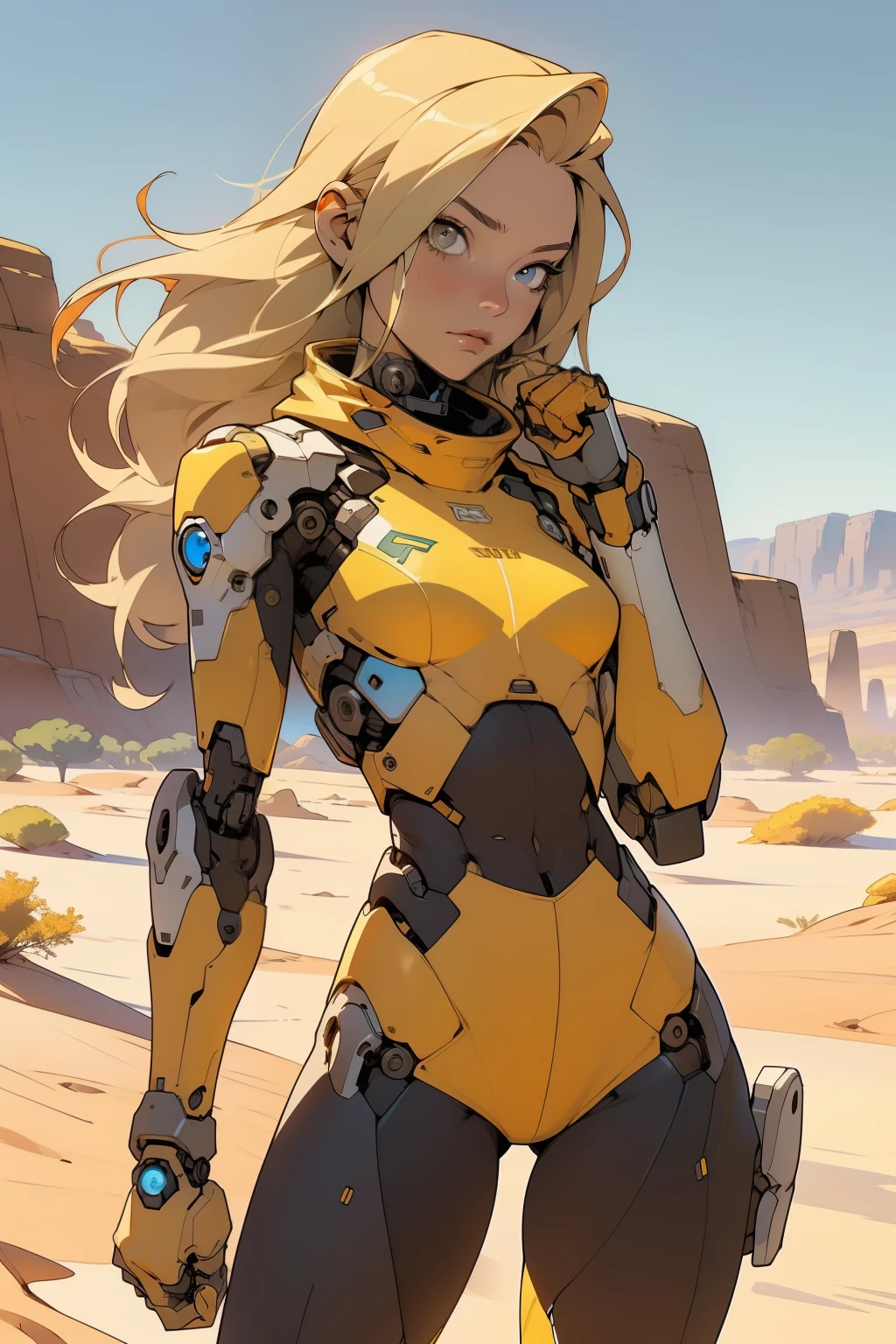 high quality, 4k, masterpiece, beautiful, cyborg girl, cowboy shot, dull eyes, front, looking at viewer, long blonde hair, girl, small breasts, fit thighs, robotic arms, robotic body, cyborg body, white & yellow uniform, orange accent, intricate detail, joint, detailed lines, robotic detail, holding fist up, holding hand up as fist, color robotic parts, robotic parts with color, perfect fingers, on a desert planet, sunny background, colorful desert, a river or a lake in the background, slender thighs, skinny thighs,